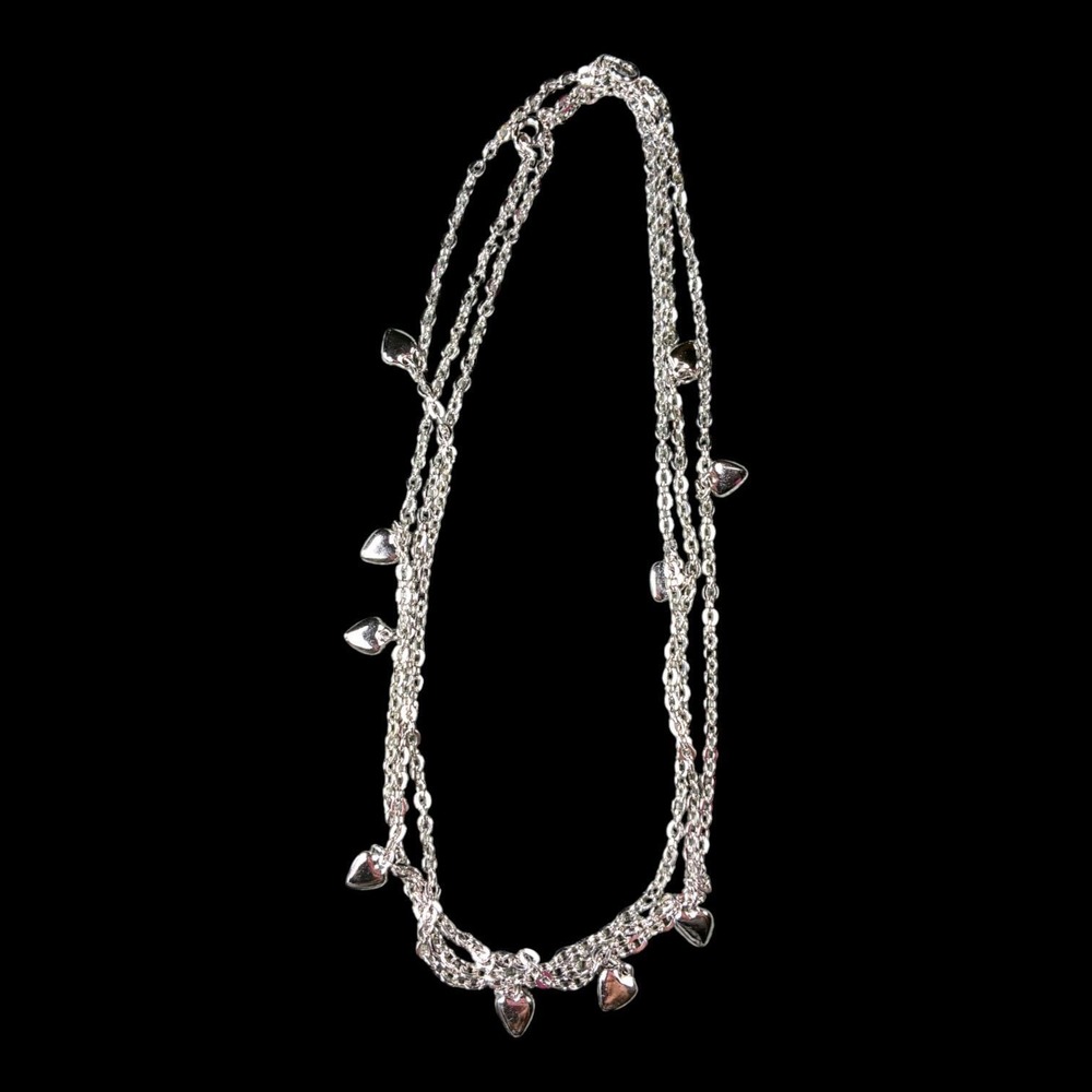 Vintage Sarah Coventry Silver Tone Heart Charm Necklace long station Signed